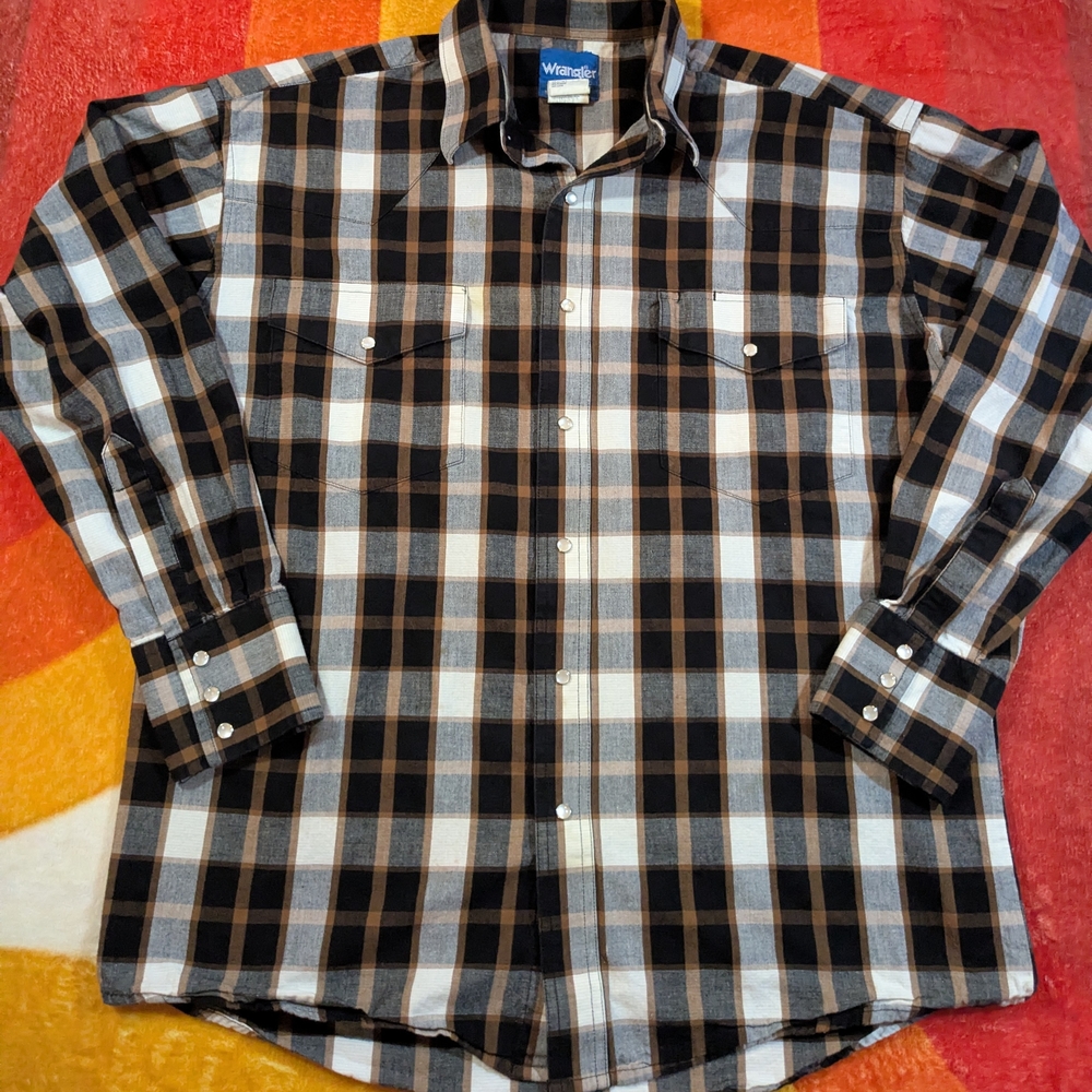 Vintage Wrangler Western Plaid Mens LG Pearl Snap Shirt, Black Brown White 90's